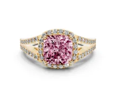 Fancy Pink Cushion Cut Diamond Halo Split Shank Pavé Ring Set in Yellow gold with Prong Setting
