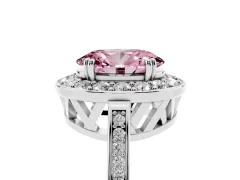 Fancy Pink Oval Cut Diamond Halo Ring Set in White gold with Accent-Lined Split Shank and Prong Setting