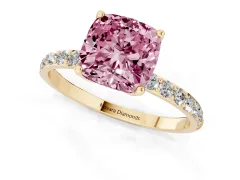 Fancy Pink Cushion Cut Diamond Solitaire Engagement Ring Set in Yellow gold with Round Pavé Band and Prong Setting
