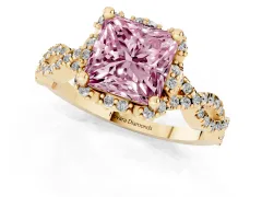 Fancy Pink Princess Cut Diamond Halo Twist Band Solitaire Ring Set in Yellow gold with Prong-Set Center Stone