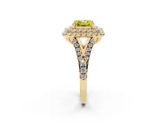 Fancy Yellow Asscher Cut Diamond Double Halo Ring Set in Yellow gold with Pavé Split Shank and Prong Setting