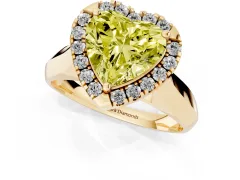 Fancy Yellow Heart Cut Diamond Halo Solitaire Engagement Ring Set in Yellow gold with Square Band and Prong Setting