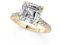 Asscher Cut Diamond Solitaire Ring Set in Yellow gold with Brilliant Pavé Band and Prong Setting