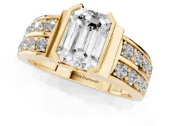 Emerald Cut Diamond Wide Channel Set Band Ring Set in Yellow gold with Bezel Setting
