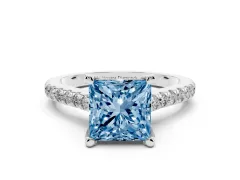 Fancy Blue Princess Cut Diamond Solitaire Ring Set in Platinum with Brilliant Pavé Band and Prong Setting