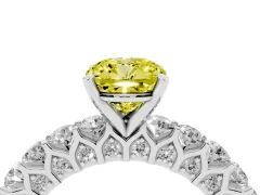 Fancy Yellow Cushion Cut Diamond Solitaire Ring Set in White gold with Shared Prong Pavé Band