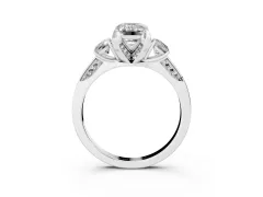 Fancy Pink Emerald Cut Diamond Three-Stone Ring Set in Platinum with Pavé Band and Smaller Side Stones