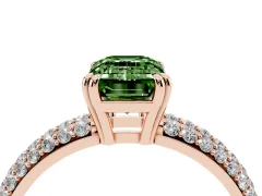 Fancy Green Emerald Cut Diamond Solitaire Ring Set in Rose gold with Multi-Row Round Pavé Band and Prong Setting