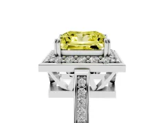 Fancy Yellow Princess Cut Diamond Halo Ring Set in White gold with Accent-Lined Split Shank and Prong Setting