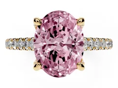 Fancy Pink Oval Cut Diamond Solitaire Ring Set in Yellow gold with Brilliant Pavé Band and Prong Setting