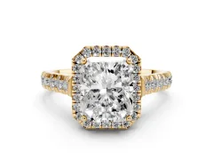 Radiant Cut Diamond Halo Engagement Ring Set in Yellow gold with Pavé Band and Prong-Set Center