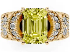 Fancy Yellow Emerald Cut Diamond Milgrain Halo Pavé Engagement Ring Set in Yellow gold with Prong Setting