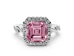 Fancy Pink Asscher Cut Diamond Halo Twist Band Solitaire Ring Set in Silver with Prong Setting