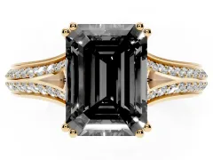 Fancy Black Emerald Cut Diamond Split Shank Pavé Engagement Ring Set in Yellow gold with Prong-Set Center Stone