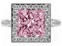 Fancy Pink Princess Cut Diamond Halo Engagement Ring Set in White gold with Accent Split Shank Band
