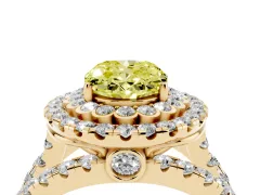 Fancy Yellow Oval Cut Diamond Double Halo Ring Set in Yellow gold with Round Pavé Split Shank