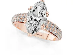 Marquise Cut Diamond Solitaire Ring Set in Rose gold with Multi-Row Round Pavé Band and Prong Setting