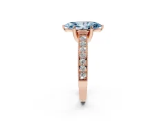 Fancy Blue Marquise Cut Diamond Solitaire Ring Set in Rose gold with Milgrain-Edged Pavé Band and Prong Setting
