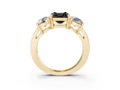 Fancy Black Asscher Cut Diamond Three-Stone Ring Set in Yellow gold with Round Side Stones and Classic Band