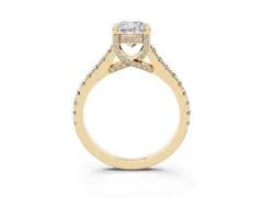 Cushion Cut Diamond Solitaire Ring Set in Yellow gold with Brilliant Pavé Band and Prong Setting