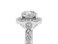 Cushion Cut Diamond Milgrain Halo Solitaire Ring Set in Silver with Bezel Set Side Stones and Pavé Band