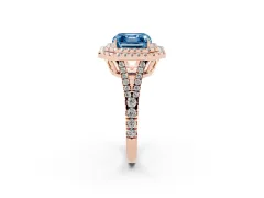 Fancy Blue Asscher Cut Diamond Double Halo Ring Set in Rose gold with Pavé Band