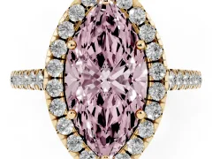 Fancy Pink Marquise Cut Diamond Pavé Halo Engagement Ring Set in Yellow gold with Pavé Band and Prong Setting