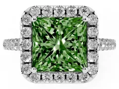 Fancy Green Princess Cut Diamond Pavé Halo Engagement Ring Set in White gold with Pavé Band and Prong Setting