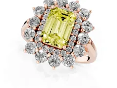 Fancy Yellow Emerald Cut Diamond Floral Double Halo Ring Set in Rose gold with Round Petals