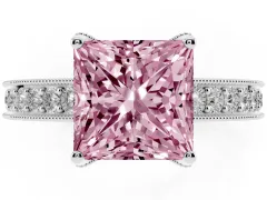 Fancy Pink Princess Cut Diamond Solitaire Ring Set in Platinum with Milgrain-Edged Pavé Band and Prong Setting