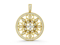 Round Pavé Diamond Filigree Pendant Set in Yellow gold with Floral Marquise Motif