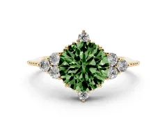 Fancy Green Round Cut Diamond Cluster Ring Set in Yellow gold with Beaded Band
