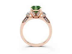 Fancy Green Cushion Cut Diamond Three-Stone Ring Set in Rose gold with Pavé Band and Smaller Side Stones