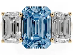Fancy Blue Emerald Cut Diamond Three-Stone Ring Set in Yellow gold with Plain Polished Band