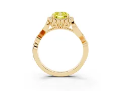 Fancy Yellow Cushion Cut Diamond Halo Ring Set in Yellow gold with Leaf Motif Split Shank and Prong Setting