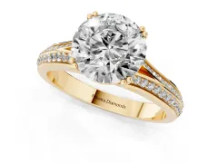 Round Cut Diamond Split Shank Pavé Engagement Ring Set in Yellow gold with Prong-Set Center Stone