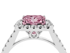 Fancy Pink Princess Cut Diamond Pavé Halo Engagement Ring Set in Platinum with Pavé Band and Prong Setting