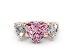 Fancy Pink Heart Cut Diamond Three-Stone Ring Set in Rose gold with Braided Band