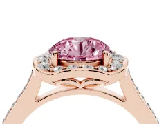 Fancy Pink Round Cut Diamond Halo Ring Set in Rose gold with Pavé-Lined Shoulders and Prong Setting