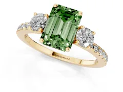Fancy Green Emerald Cut Diamond Three-Stone Ring Set in Yellow gold with Pavé Band and Graduated Sides