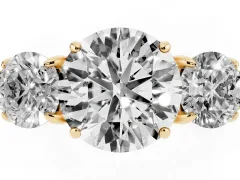 Round Cut Diamond Three-Stone Ring Set in Yellow gold with Round Accent Stones and Plain Band
