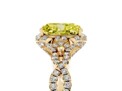 Fancy Yellow Radiant Cut Diamond Halo Twist Band Solitaire Ring Set in Yellow gold with Prong-Set Center Stone