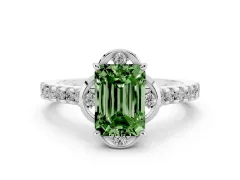 Fancy Green Emerald Cut Diamond Solitaire Ring Set in Silver with Pavé Band and Floral Prong Setting
