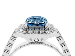 Fancy Blue Emerald Cut Diamond Milgrain Halo Solitaire Ring Set in Platinum with Bezel Set Side Stones and Pavé Band