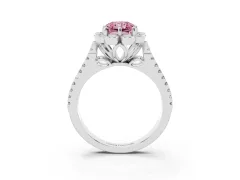 Fancy Pink Radiant Cut Diamond Floral Halo Split Shank Engagement Ring Set in Platinum with Pavé Shank