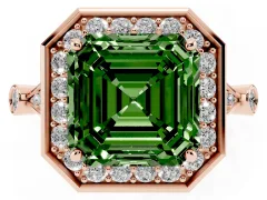Fancy Green Asscher Cut Diamond Halo Engagement Ring Set in Rose gold with Twisted Band and Prong Setting