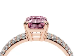 Fancy Pink Emerald Cut Diamond Solitaire Ring Set in Rose gold with Multi-Row Round Pavé Band and Prong Setting
