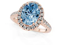 Fancy Blue Oval Cut Diamond Pavé Halo Engagement Ring Set in Rose gold with Pavé Band and Prong Setting