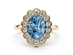 Fancy Blue Oval Cut Diamond Halo Cluster Engagement Ring Set in Yellow gold with Solitaire Band and Prong Setting