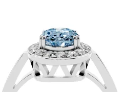 Fancy Blue Oval Cut Diamond Halo Ring Set in Platinum with Accent-Lined Split Shank and Prong Setting